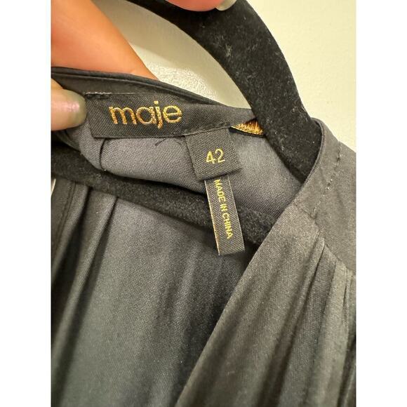 Maje $345 Black Satin Pant Jumpsuit Elastic Waist Size 42/ XL Flutter Sleeves - Picture 8 of 11